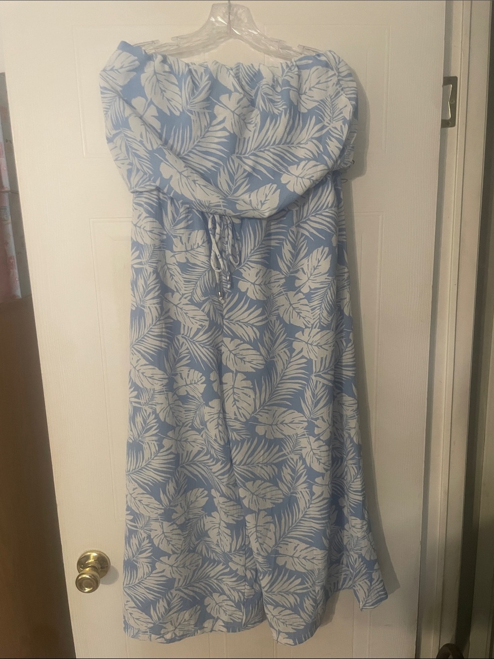 Strapless Light Blue Tropical-Print Jumpsuit